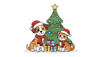 Festive Companions: A heartwarming scene captures a dog and a cat, adorned in festive attire, cozily gathered before a decorated Christmas tree, evoking feelings of holiday cheer and camaraderie.