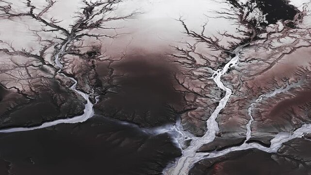 Top down aerial view shows milky meltwater braids on dark volcanic sand in Iceland, slow sweeping motion during melt season, muted tones and fine texture detail.