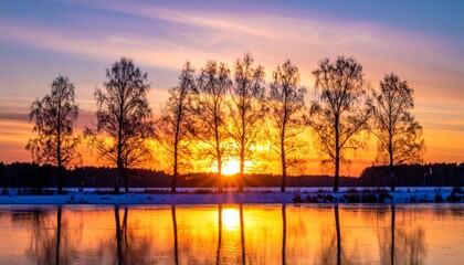 Beautiful sunset over lake or river with reflection in the calm water and orange sky and trees silhouette