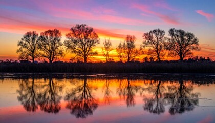 Beautiful sunset over lake or river with reflection in the calm water and orange sky and trees silhouette