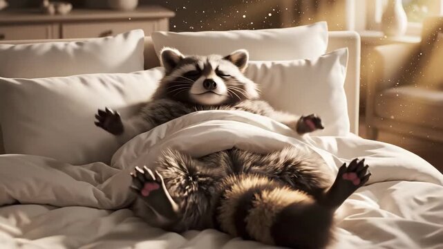 Raccoon lying cozy in bed under blanket with paws raised, pet animal sleep concept, soft morning light, relaxing bedroom scene.