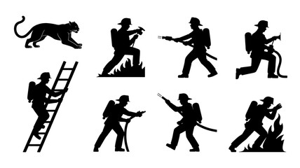 Fototapeta premium A black and white silhouette illustration of a firefighter in various working positions (