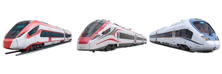 Fototapeta premium Set of Red high-speed train, modern exterior on transparent png background. Ai generated