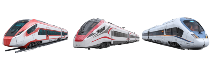 Set of Red high-speed train, modern exterior on transparent png background. Ai generated