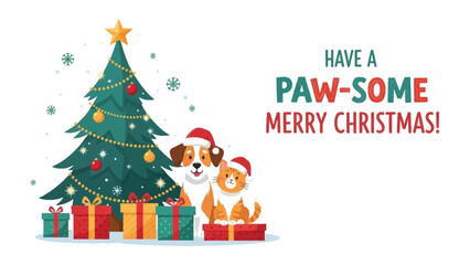 Christmas Greeting with Festive Friends: An adorable dog and cat duo, adorned in festive hats, are joyfully nestled by a beautifully decorated Christmas tree, surrounded by wrapped gifts.