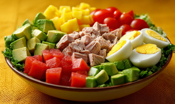 Colorful and appetizing salad with tuna, avocado, eggs, tomatoes, and mango.