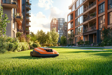 Robotic lawn mower maintaining green grass in modern residential area, smart gardening technology.