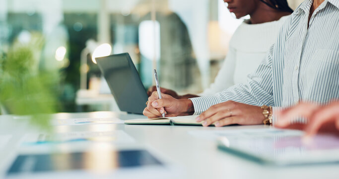 Hands, writing and notebook at office meeting, agenda or planning with team for project at media company. People, group and editor with staff, review or brainstorming with research at creative agency - Powered by Adobe