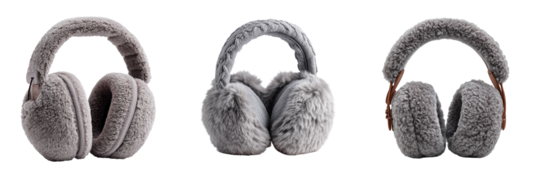 Set of Soft fluffy ear warmers for cold weather, student accessory, solid color minimalist design on transparent png background. Ai generated