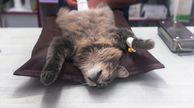 Veterinarian operates on a cat. Surgeons performing operation on cat on surgical table.