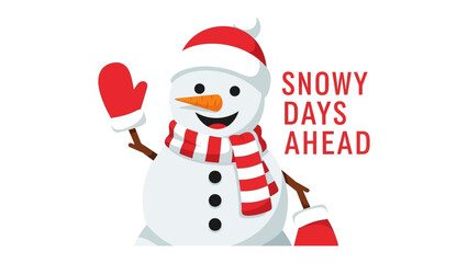 Happy Snowman: A whimsical snowman, adorned with a festive hat, scarf and mittens, cheerfully waves a mitten to a viewer, inviting them into the snowy winter days ahead.