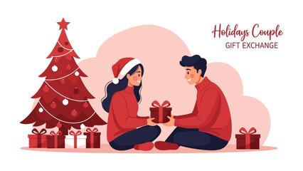 Gift Exchange Between the Couple:  A heart warming Illustration of a couple's gift exchange during the holidays, filled with affection and joy under a beautifully decorated tree.