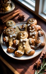 Gingerbread Man cookies presented on plate. Gingerbread Cookies decorated with frosting, icing. Christmas cookie.	

