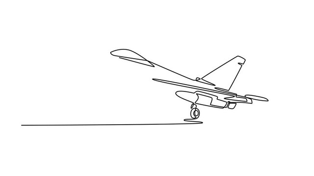 Fighter Jet Take Off from Military Airport Runway. Landing and take off plane concept. Single line draw design. Full length animation illustration. High quality 4k footage