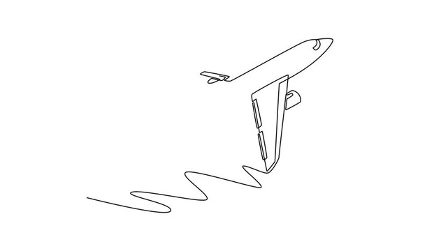 Passenger Commercial Airplane Take Off Position. Landing and take off plane concept. Single line draw design. Full length animation illustration. High quality 4k footage