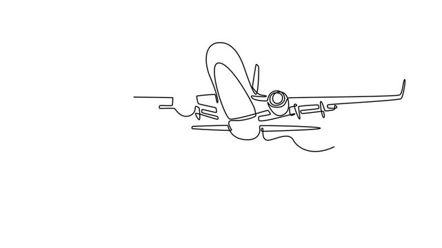 Passenger plane fly up over take-off runway. Landing and take off plane concept. Single line draw design. Full length animation illustration. High quality 4k footage