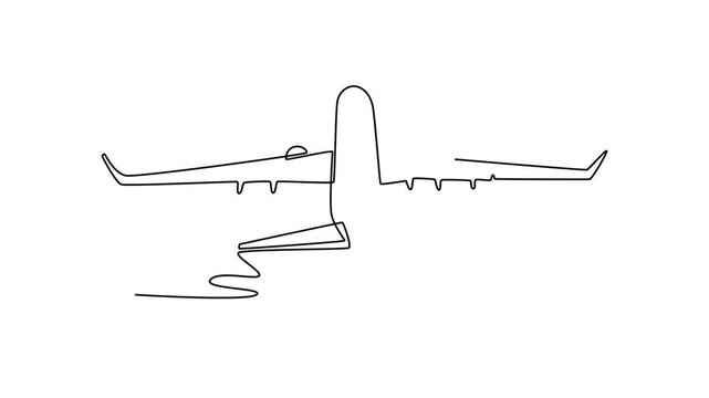 passenger plane takes off close up. Landing and take off plane concept. Single line draw design. Full length animation illustration. High quality 4k footage