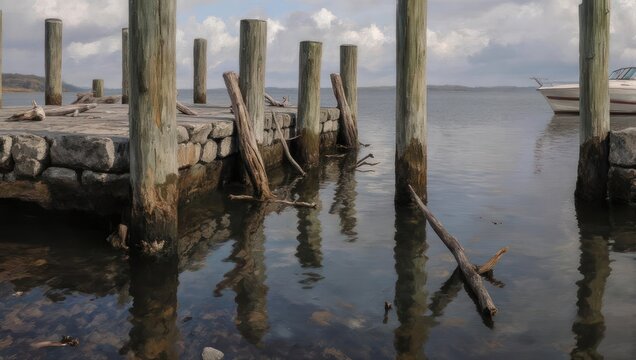 Old wooden pier with broken planks, weathered posts, calm water, and distant boat under cloudy sky