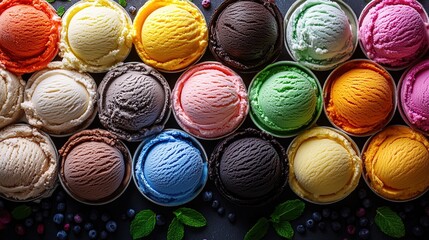 Vibrant Colorful Ice Cream Display, Multi-Flavor Stack with Fruit Decoration, Popular Material for Summer Dessert and Food Beverage Advertising