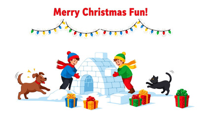 Joyful Winter Frolic: Two children gleefully build an igloo, a festive display of Christmas spirit enhanced by playful pets and colorful gifts. Evoking a sense of warmth, wonder.