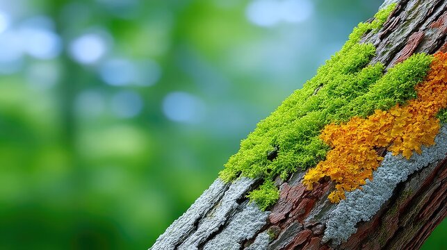 Close up of textured tree bark with vibrant green moss and orange lichen growth against a soft focus green forest background in daylight
