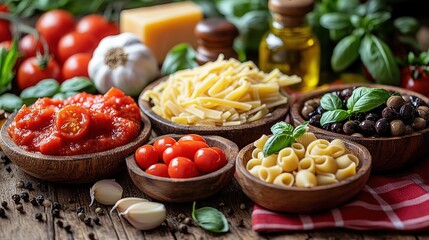 Array of Italian Food Ingredients, Tomato Basil Olive Oil Pasta, Material for Cooking Ingredients and Mediterranean Diet