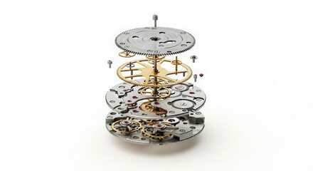 Exploded mechanical watch movement with watchmaker tools