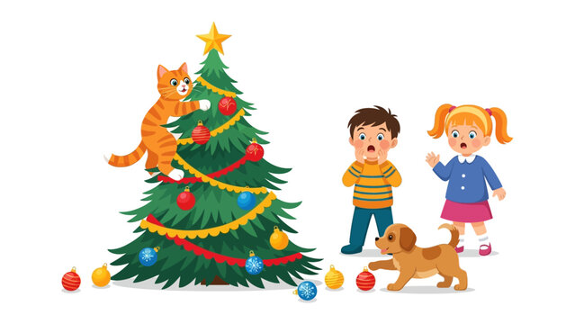 A Curious Christmas: Playful kids and their pets gather around a beautifully adorned Christmas tree, creating a whimsical holiday scene filled with wonder and enchantment.