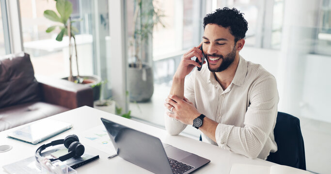 Phone call, business man and conversation in office for financial negotiation, advice and feedback. Mobile, talk and happy wealth advisor in workplace for investment, budget planning or communication