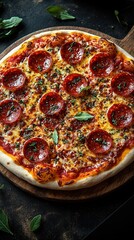 Pepperoni Herb Pizza, Wooden Plate Dark Background Italian Flavor for Food Beverage Advertising and Fast Food Marketing Material