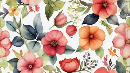 A beautiful watercolor floral pattern with red and orange flowers and green leaves, perfect for spring and summer designs