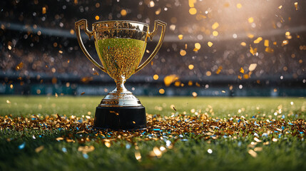 A gold cup rests proudly on the stadium field surrounded by celebration and confetti