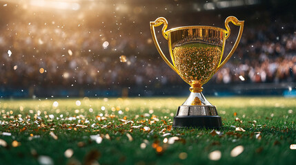 Golden trophy standing proudly on the football field with colorful confetti falling. The stadium crowd celebrates victory and success in an emotional sports moment.	