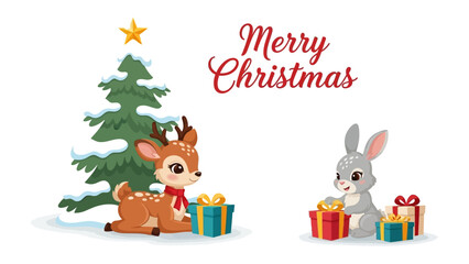 Naklejka premium Winter Wonderland Celebration: A festive illustration of a merry Christmas scene with a Christmas tree, gifts, a reindeer, and a bunny rabbit, sharing joy.