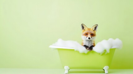 Obraz premium Adorable fox lounging in a soap-filled bathtub on light green background