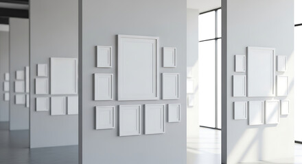 Modern art gallery interior with multiple blank white picture frames on grey walls, ready for display in a minimalist setting.