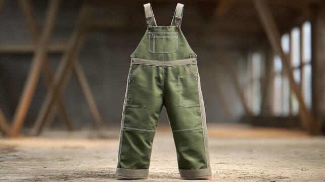 Green utility overalls template for pattern mockups in a structural studio setting