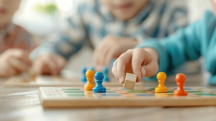 Kids' hands handling board game pieces in a close-up, capturing the fun of a friendly match.