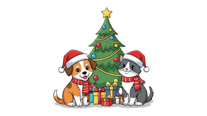 Festive Friends' Christmas: A heartwarming scene unfolds as a joyful puppy and a cute kitten, both adorned in holiday attire, share the Christmas spirit, surrounded by gifts and a twinkling tree. 
