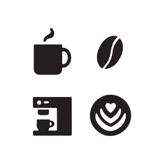 Stylized Coffee Culture Icon Silhouettes Featuring Cup, Bean, Machine, and Heart Symbol Isolated Vector