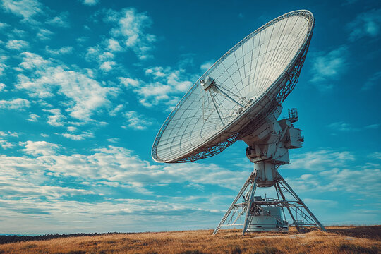 A large, white satellite dish antenna stands tall against a vivid blue sky	
