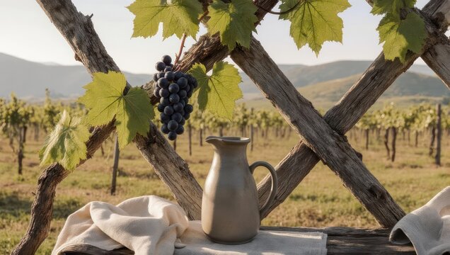 A still life showcases grapes, a jug, and fabric on a rustic wooden trellis overlooking a vineyard