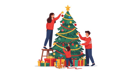 Holiday Harmony: A family joins together to decorate a vibrant Christmas tree with ornaments, surrounded by beautifully wrapped gifts, capturing the warmth and unity of the season.