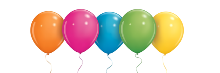 An isolated row of seven multi-colored balloons, featuring red, green, yellow, and more, perfect for any party or celebration.