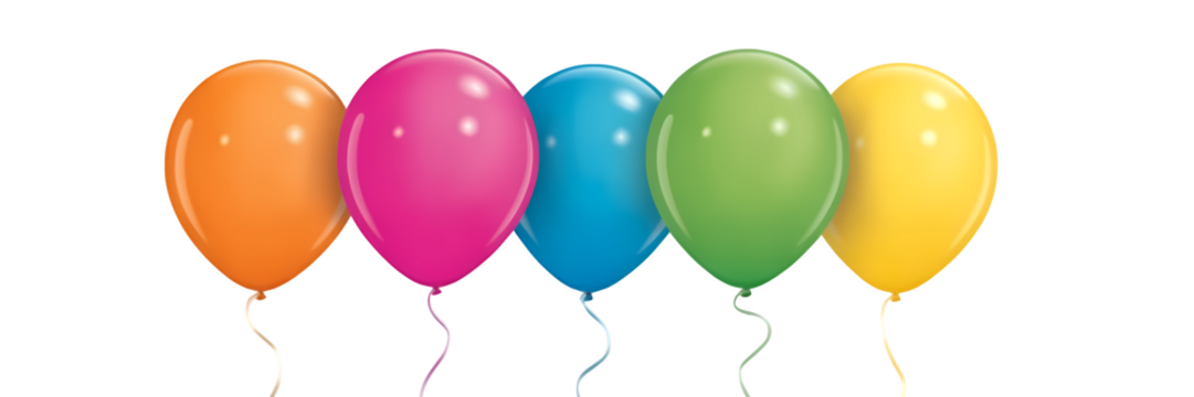 An isolated row of seven multi-colored balloons, featuring red, green, yellow, and more, perfect for any party or celebration.