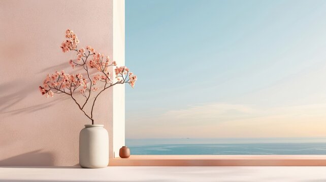 Calming pastel landscape with panoramic window and low shelf for product presentation.