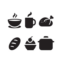 Stylized Food and Drink Icon Silhouettes Featuring Soup Bowl, Coffee Mug, Bread, Ice Cream, and Cooking Pot Isolated Vector.