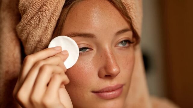 Close-up of a woman removing makeup with a cotton pad. A towel is draped around her head
