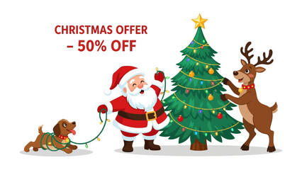 Festive Christmas Scene: Santa Claus, a cheerful reindeer, and a playful puppy work together to decorate a Christmas tree, radiating the joy and magic of the holiday season.