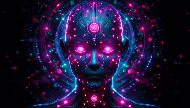 Android with Neon Symbols and Circuitry
